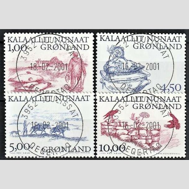 FRIMRKER GRNLAND | 2001 - AFA 368-71 - Arktiske vikinger III. - 1,00 - 10,00 kr. flerfarvet - Lux stemplet