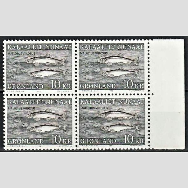 FRIMRKER GRNLAND | 1986 - AFA 168 - Ammassatter. - 10,00 kr. sortgrn/brun i 4-blok - Postfrisk