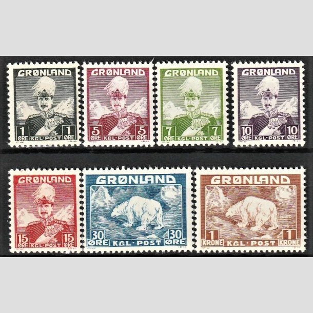 FRIMRKER GRNLAND | 1938 - AFA 1-7 - Christian X + Isbjrn - 1 re -1 kr. i st - Postfrisk