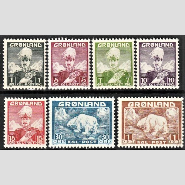 FRIMRKER GRNLAND | 1938 - AFA 1-7 - Christian X + Isbjrn - 1 re -1 kr. i st - Postfrisk