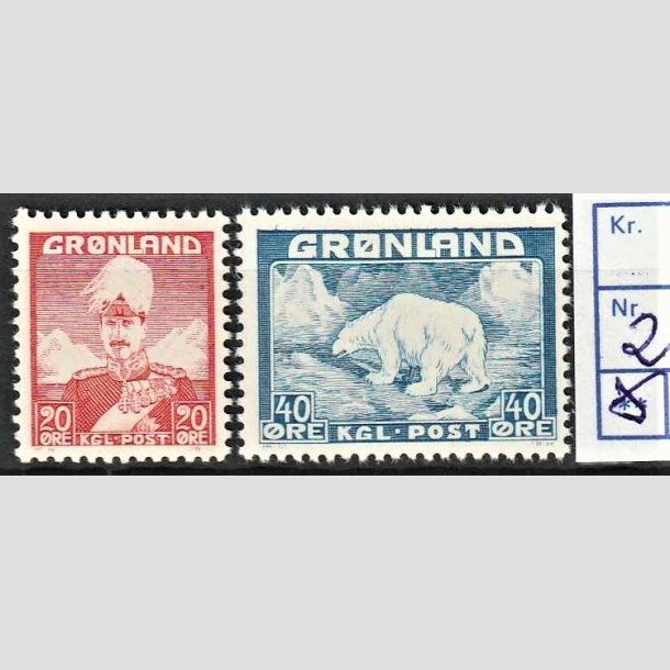 FRIMRKER GRNLAND | 1946 - AFA 26,27 - Christian X + Isbjrn - 20 re + 40 re i st - Postfrisk