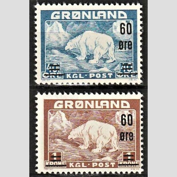 FRIMRKER GRNLAND | 1956 - AFA 37,38 - Provisorier - 60/40 re + 60 re/1 kr. - Postfrisk