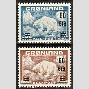 FRIMRKER GRNLAND | 1956 - AFA 37,38 - Provisorier - 60/40 re + 60 re/1 kr. - Postfrisk