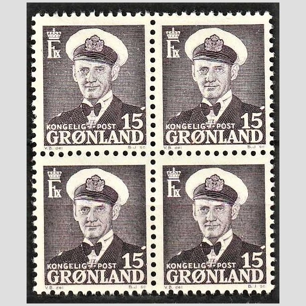 FRIMRKER GRNLAND | 1950 - AFA 31 - Frederik IX - 15 re grviolet i 4-blok - Postfrisk