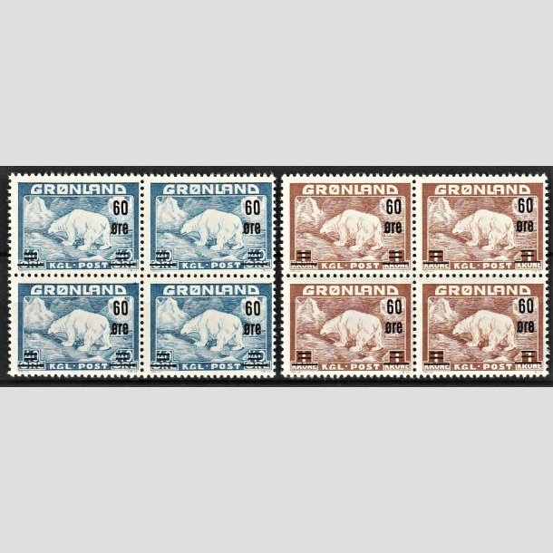 FRIMRKER GRNLAND | 1956 - AFA 37,38 - Provisorier - 60/40 re + 60 re/1 kr. i 4-blok st - Postfrisk