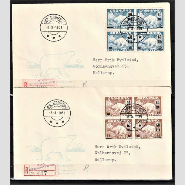 FRIMRKER GRNLAND | 1956 - AFA 37,38 - Provisorier - 60/40 re + 60 re/1 kr. i 4-blok st p uofficielle FDC - Stemplet