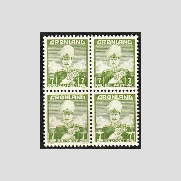 FRIMRKER GRNLAND | 1938 - AFA 3 - Christian X - 7 re gulgrn i 4-blok - Postfrisk