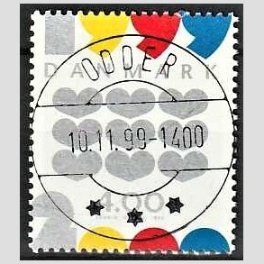 FRIM�RKER DANMARK | 1999 - AFA 1232 - Millennium-frim�rker - 4,00 Kr. Ni hjerter - Pragt Stemplet Odder (Uds�gt kvalitet)