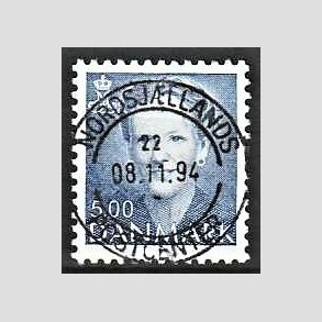 FRIMRKER DANMARK | 1992 - AFA 1019 - Dronning Margrethe - 5,00 Kr. bl - Pragt Stemplet