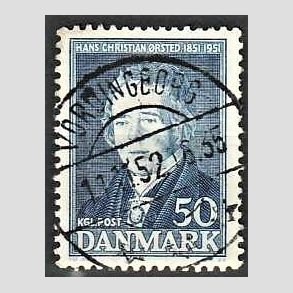FRIM�RKER DANMARK | 1951 - AFA 330 - Hans Christian �rsted - 50 �re bl� - Lux Stemplet Vordingborg