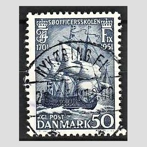 FRIM�RKER DANMARK | 1951 - AFA 329 - S�officerskolen 250 �r - 50 �re bl� - Pragt Stemplet Nyk�bing Fl