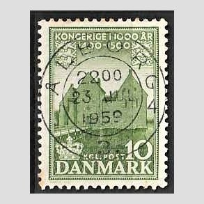 FRIM�RKER DANMARK | 1953-56 - AFA 351 - Det Danske Kongerige 1000 �r - 10 �re gr�n - Pragt Stemplet �lborg