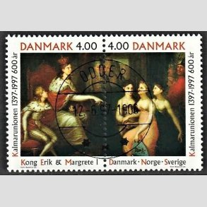 FRIM�RKER DANMARK | 1997 - AFA 1150-51 - Kalmarunionen 600 �r. - 4,00 Kr. flerfarvet parstykke - Lux Stemplet Odder (Pragtm�rke)