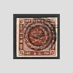 FRIMRKER DANMARK | 1858-62 - AFA 7 - 4 Skilling brun - Stemplet (Pne brede rande)
