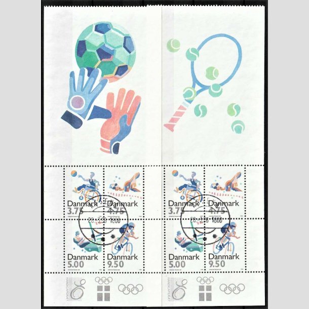 FRIMRKER DANMARK | 1996 - AFA 1115A+B - Sport - 23,00 kr. Miniarkst med vignetter med fodbold og tennis - Pnt Stemplet Assens