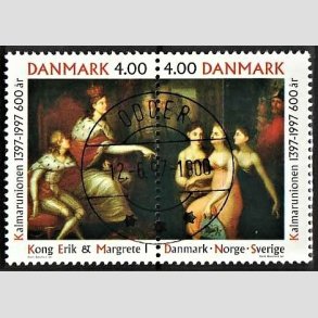 FRIM�RKER DANMARK | 1997 - AFA 1150-51 - Kalmarunionen 600 �r. - 4,00 Kr. flerfarvet parstykke - Lux Stemplet Odder (Pragtm�rke)