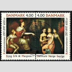 FRIM�RKER DANMARK | 1997 - AFA 1150-51 - Kalmarunionen 600 �r. - 4,00 Kr. flerfarvet parstykke - Lux Stemplet Odder (Pragtm�rke)