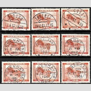 FRIMRKER DANMARK | 1961 - AFA 392 - Naturfredningsforening 50 r. - 30 re brunrd x 9, Engros - Pragt/Lux Stemplet