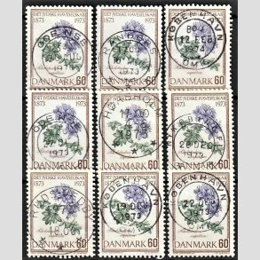 FRIMRKER DANMARK | 1973 - AFA 545 - Jydske Haveselskab 100 r - 60 re dybviolet/grn/brun x 9, Engros - Pragt/Lux Stemplet