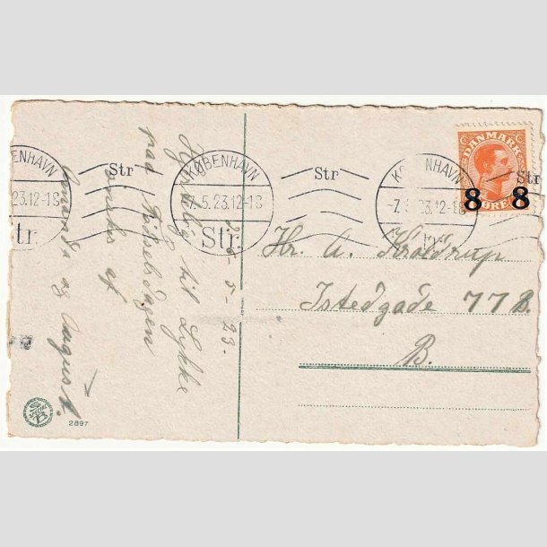 FRIMRKER DANMARK | 1921-22 - AFA 118 - 8 8/7 re orange provisorier p sjovt postkort - Stemplet