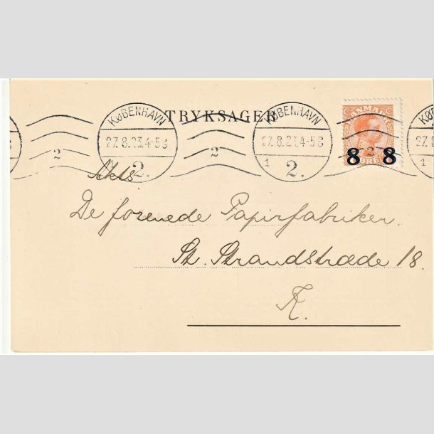 FRIMRKER DANMARK | 1921-22 - AFA 118 - 8 8/7 re orange provisorier p tryksag/kort - Stemplet