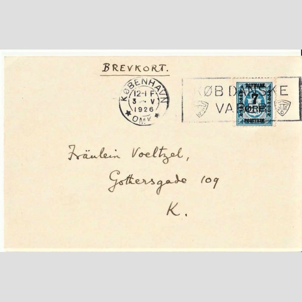 FRIMRKER DANMARK | 1926 - AFA 162 - 7/4 re bl Provisorium single p brevkort - Stemplet