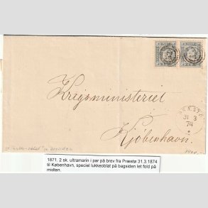 FRIMRKER DANMARK | 1871 - AFA 1 - 2 sk. Ultramarin i par p brev Krigsministeriet - nummerst. 52 