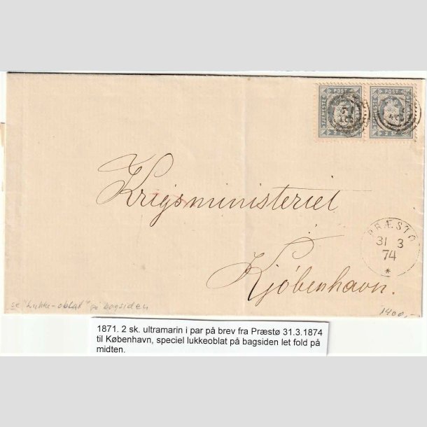 FRIMRKER DANMARK | 1871 - AFA 1 - 2 sk. Ultramarin i par p brev til Krigsministeriet - Stemplet med nummerstempel 52