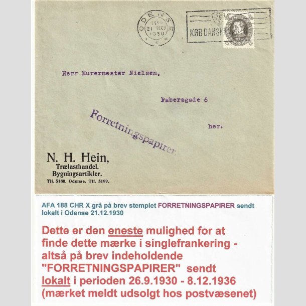 FRIMRKER DANMARK | 1930 - AFA 188 - Chr. X 60 r - 8 re gr single p brev - Stemplet