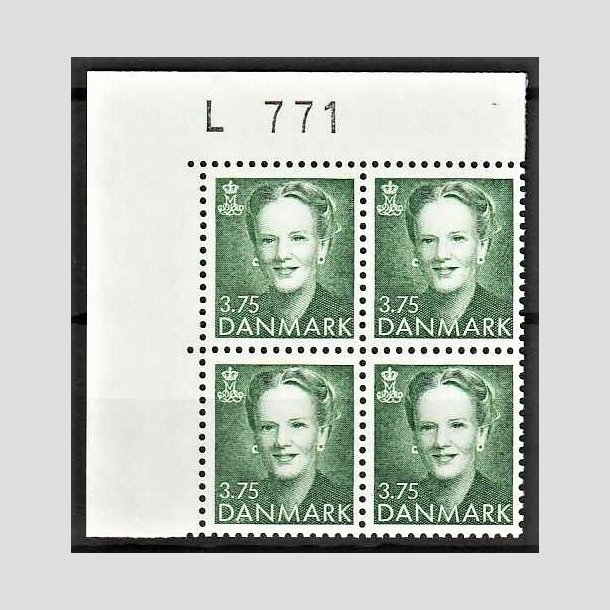 FRIMRKER DANMARK | 1991 - AFA 982 - Dronning Margrethe - 3,75 Kr. grn i 4-blok med marginal L 771 - Postfrisk