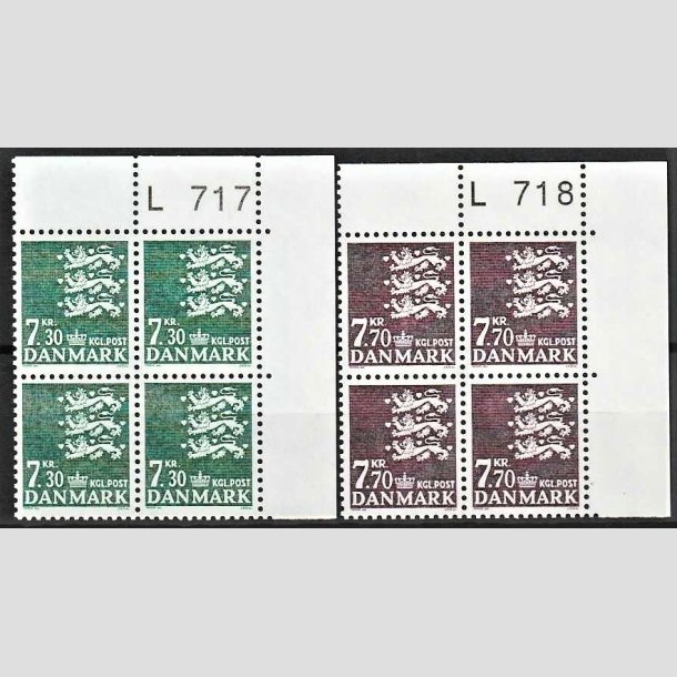 FRIMRKER DANMARK | 1989 - AFA 928,929 - Rigsvben - 7,30 + 7,70 kr. i 4-blok med marginal L717/L718 - Postfrisk