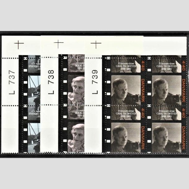 FRIMRKER DANMARK | 1989 - AFA 946,947,948 - Dansk film - 3,20-4,40 Kr. flerfarvet i 4-blok med marginal L737/L738/L739 - Postfrisk
