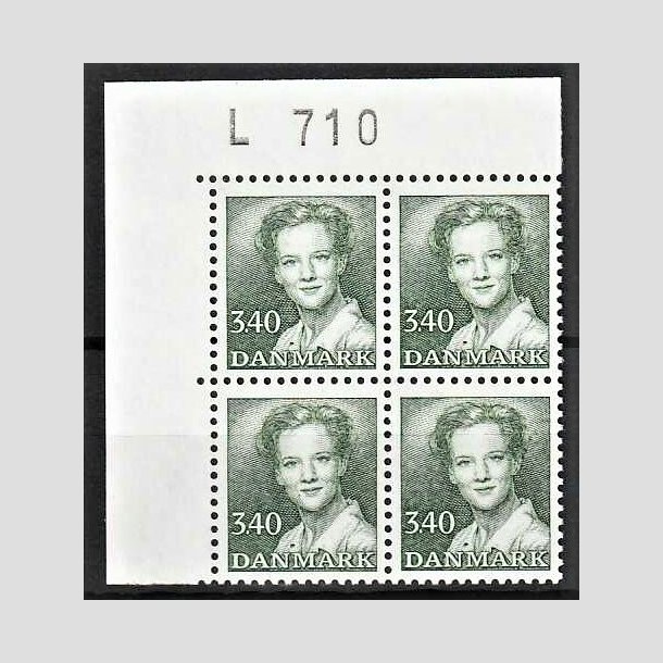 FRIMRKER DANMARK | 1989 - AFA 925 - Dronning Margrethe - 3,40 Kr. grn i 4-blok med marginal L710 - Postfrisk