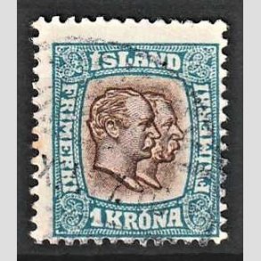 FRIMRKER ISLAND | 1907 - AFA 60 - Chr. IX og Frederik VIII - 1 kr. bl/brun tk. 12 3/4 - Stemplet