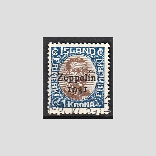 FRIMRKER ISLAND | 1931 - AFA 148 - Zeppelin - 1 kr. bl/brun Chr. X overtryk Zeppelin - Stemplet