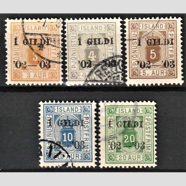 FRIMRKER ISLAND | 1902-03 - AFA 10B-15B - Tjeneste I GILDI overtryk - 3 aur - 20 aur tk. 12 3/4 - Stemplet