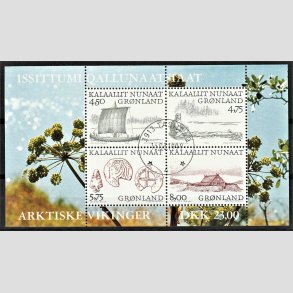 FRIM�RKER GR�NLAND | 1999 - AFA 348 - Arktiske vikinger I. - Miniark 23,00 kr. flerfarvet - P�nt Stemplet