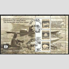 FRIM�RKER GR�NLAND | 2001 - AFA 382 - Frim�rkerne der aldrig udkom. - Miniark 34,75 kr. flerfarvet - P�nt stemplet