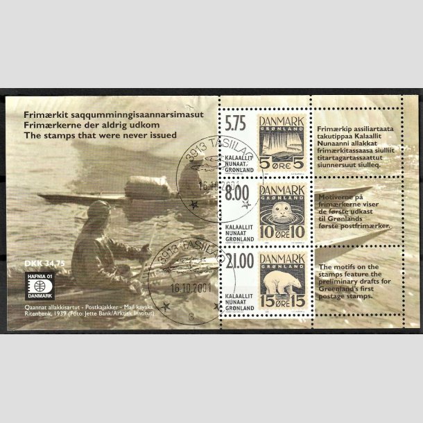 FRIMRKER GRNLAND | 2001 - AFA 382 - Frimrkerne der aldrig udkom. - Miniark 34,75 kr. flerfarvet - Pnt stemplet