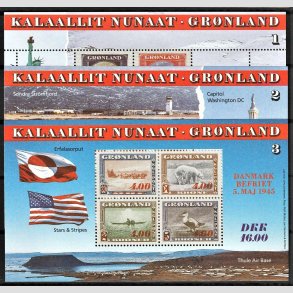 FRIM�RKER GR�NLAND | 1995 - AFA 266-74 - 50 �ret for befrielsen. - Miniark 1+2+3 flerfarvet - Postfrisk