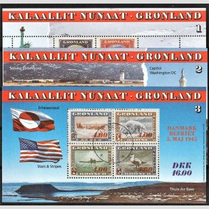 FRIM�RKER GR�NLAND | 1995 - AFA 266-74 - 50 �ret for befrielsen. - Miniark 1+2+3 flerfarvet - P�nt stemplet