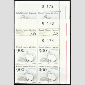 FRIM�RKER GR�NLAND | 1994 - AFA 251-53 - Dyr i Gr�nland II. - 5,50 - 9,00 kr. flerfarvet i marginalblokke G172-G174 - Postfrisk