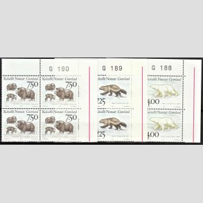 FRIM�RKER GR�NLAND | 1995 - AFA 276-78 - Landdyr i Gr�nland III. - 4,00 - 7,50 kr. flerfarvet i marginalblokke G188-G190 - Postfrisk