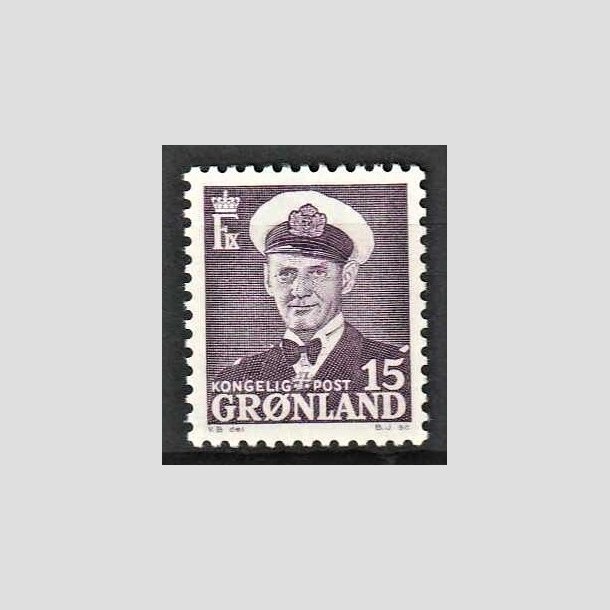 FRIMRKER GRNLAND | 1950 - AFA 31a - Kong Frederik IX - 15 re lilla - Postfrisk