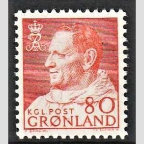 FRIMRKER GRNLAND | 1963 - AFA 57 - Kong Frederik IX - 80 re orangegul - Postfrisk