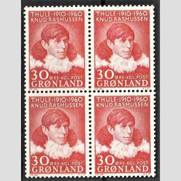 FRIMRKER GRNLAND | 1960 - AFA 45 - Knud Rasmussen - 30 re rd i 4-blok - Postfrisk