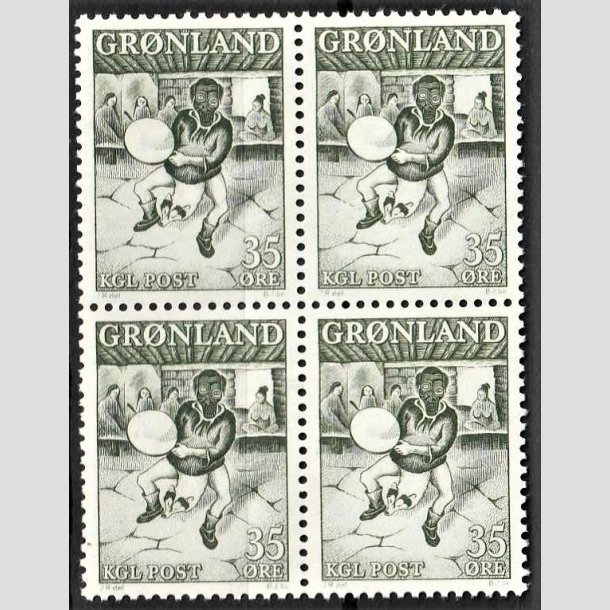 FRIMRKER GRNLAND | 1961 - AFA 46 - Grnlandsk Trommedanser - 35 re mrkgrn i 4-blok - Postfrisk