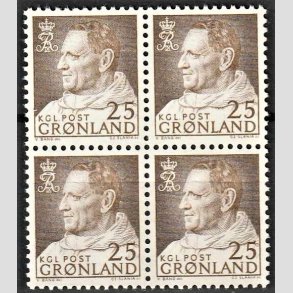 FRIMRKER GRNLAND | 1963 - AFA 53 - Kong Frederik IX - 25 re brun i 4-blok - Postfrisk