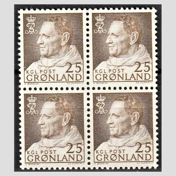 FRIMRKER GRNLAND | 1963 - AFA 53 - Kong Frederik IX - 25 re brun i 4-blok - Postfrisk