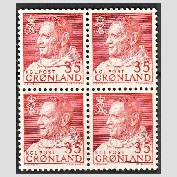 FRIMRKER GRNLAND | 1963 - AFA 54 - Kong Frederik IX - 35 re rd i 4-blok - Postfrisk